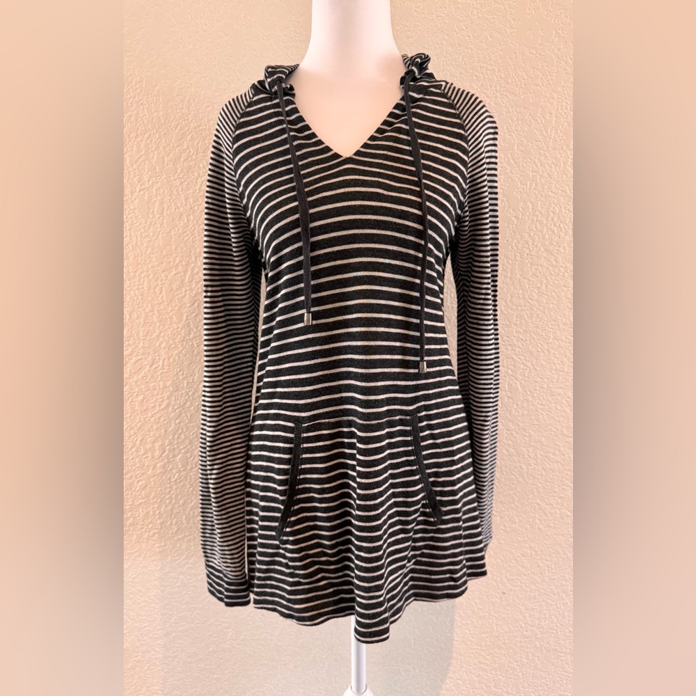 Striped Hooded Pullover Hi-Low Hem & Kangaroo Pocket - Size S - Picture 2 of 14